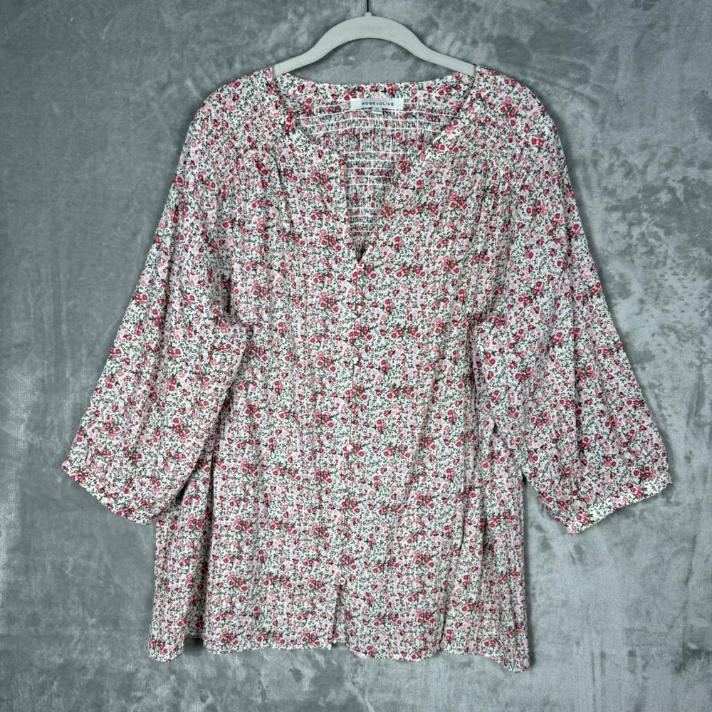 Rose + Olive Top Womens 1X Boho Peasant Tunic Floral 3/4 Sleeve Smocked Buttons